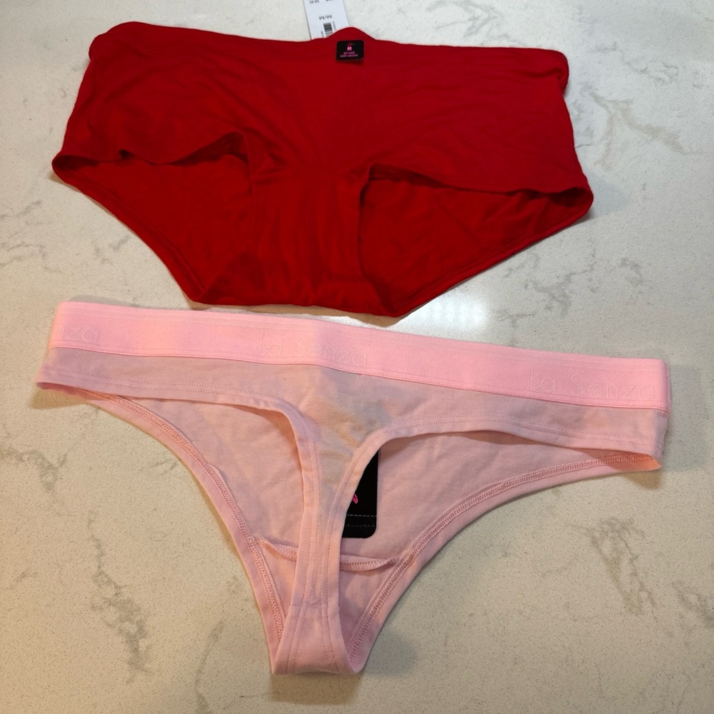 La Senza Thong & Boy‎ Short Panty Set 2 Pc. Panties Ruched Sz Med. NWT Red Pink